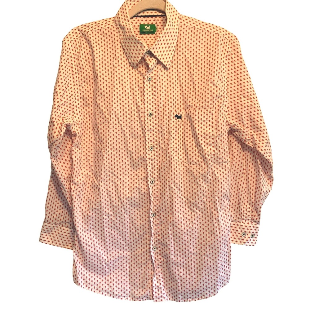 Ferrioni Slim Fit Med Button Down Mens White Red Floral Cotton Shirt Quirky‎